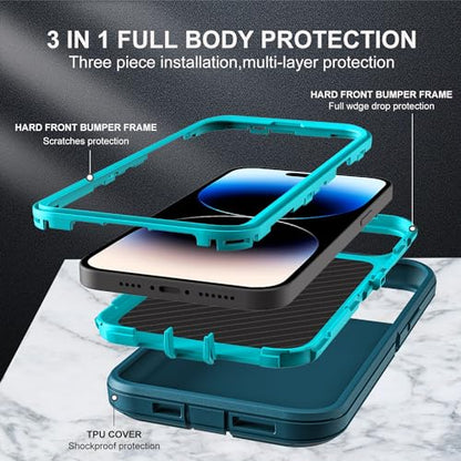 YKHJKLEC for iPhone 14 Pro Case, Military Grade 3 in 1 Heavy Duty Shockproof/Drop Proof/Dust Proof Case with 2Pcs Tempered Glass Screen Protector (Blue/Turquoise) - color: Blue/Turquoise