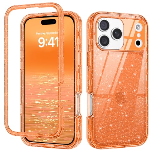 DUEDUE for iPhone 17 Pro Max Case, Glitter Anti-Yellowing Shockproof Protective Transparent Cover Bling Sparkle Phone Case for iPhone 17 Pro Max 6.9", Orange/Glitter - color: Orange/Glitter, size: for iPhone 17 Pro Max 6.9"