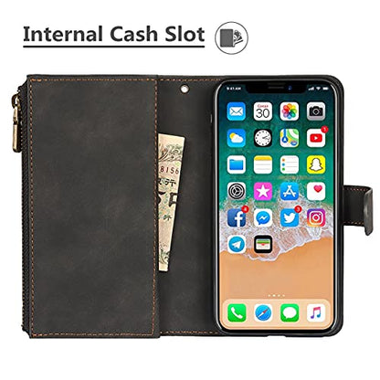 iCoverCase for iPhone X/XS Wallet Case with Card Holder and Wrist Strap, PU Leather Kickstand Card Slots Zipper Pocket Magnetic [Detachable] Flip Cover Case 5.8 Inch (Black) - color: Black