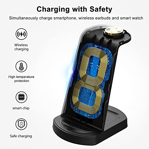 Aoresac 15W Fast Charging Dock 3 in 1 Wireless Charging Station, Smartphone Watch Earbuds Stand Holder with Anti Slip Design, Indicator Light for Home Office Hotel Bar