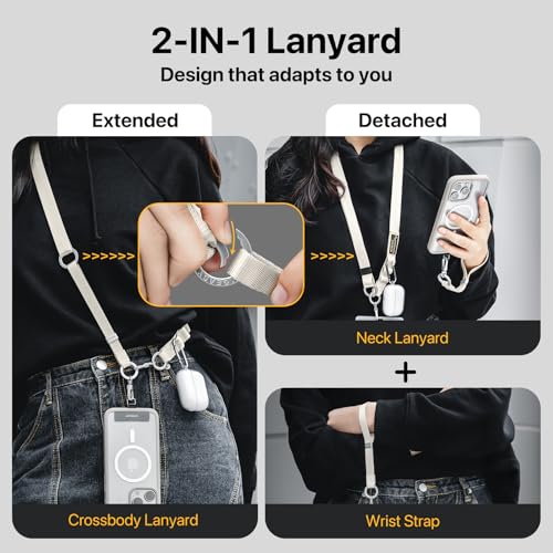 MAGEASY 2-IN-1 Cellphone Lanyard Crossbody + Wrist Strap + Phone Tether & Attachment Clips, Compatible with iPhone 16 17 Google Pixel | Clip and Go Security Strap Neck Phone Leash (Starlight) - color: Starlight