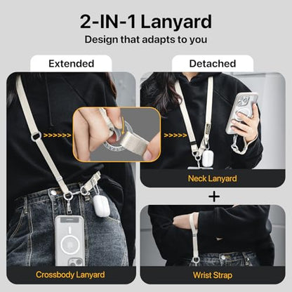 MAGEASY 2-IN-1 Cellphone Lanyard Crossbody + Wrist Strap + Phone Tether & Attachment Clips, Compatible with iPhone 16 17 Google Pixel | Clip and Go Security Strap Neck Phone Leash (Starlight) - color: Starlight