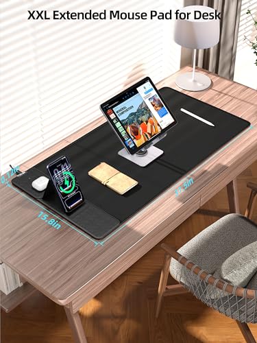 Mouse Pad with Magnetic Wireless Charging & Adjustable Phone Stand, 31.5"x15.8" Extended Desk Mat, Waterproof Ultra-Smooth Keyboard Pad, Non-Slip Base, Black - color: Black-magnetic Stand-31.5"x15.8"-left