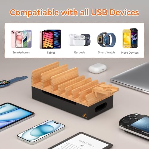 Bamboo Charging Station with 5 Port Charger HUB & 5 Cables- Natural + Black - color: Natural + Black