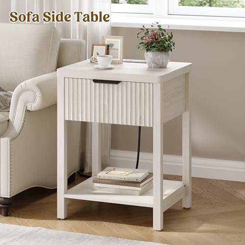 Night Stand Set 2, Fluted Wood Nightstands w/Charging Station for Bedroom - color: Grey White, size: 1 Drawer-Set of 2 Nightstand