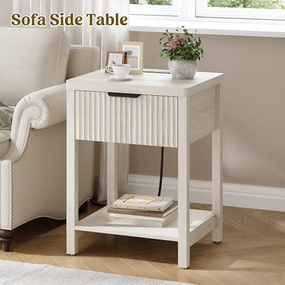 Night Stand Set 2, Fluted Wood Nightstands w/Charging Station for Bedroom - color: Grey White, size: 1 Drawer-Set of 2 Nightstand