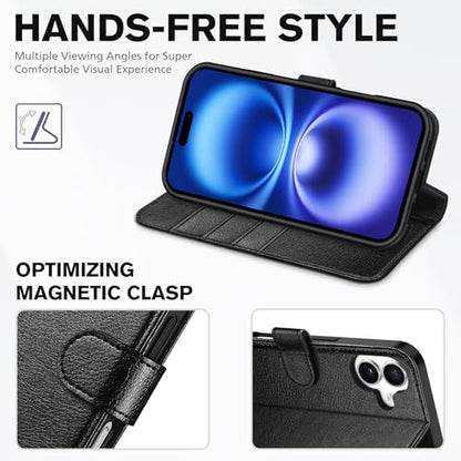 TUCCH Case Wallet for iPhone 16 (6.1"), RFID Blocking Folio, Textured Black | 4 Card Holders, Kickstand, PU Leather, Magnetic Closure, Shockproof TPU Shell, Protective Flip Cover - color: Textured Black