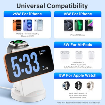 25W Magnetic Fast 3 in 1 Charging Station Wireless Charger Stand - color: White