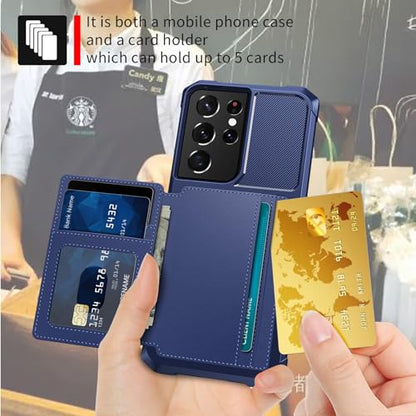 Wallet Case for Samsung Galaxy S21 Ultra, Compatible with Magnetic Car Mount, Heavy Duty Shockproof Rugged Soft TPU Back Leather Flip Credit Card Holder Cover 6.8 inch, Blue | Compatible with Magnetic Car Mount, Shockproof Rugged Soft TPU Hard Back Leathe