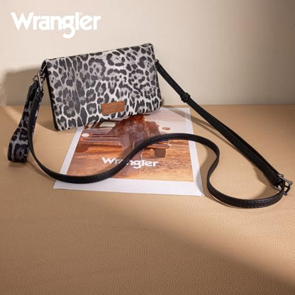 Wrangler Leopard Print Womens Wristlet Wallet RFID Blocking Bifold Clutch Credit Card Holder Purse with Crossbody Strap - color: B-leopard Black