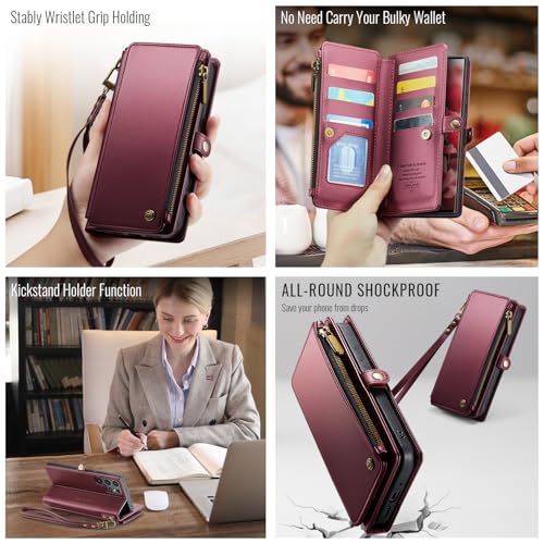 Defencase for Samsung Galaxy S22 Ultra Wallet Case with Card Holder, W-Red | Durable PU Leather, with RFID Blocking Zipper Pocket, Wrist Strap, S22 Ultra Flip Phone Cases Cover with Stand for Women Men - color: Elegant Wine Red
