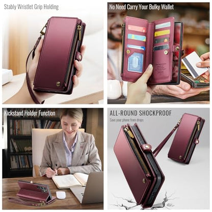 Defencase for Samsung Galaxy S22 Ultra Wallet Case with Card Holder, W-Red | Durable PU Leather, with RFID Blocking Zipper Pocket, Wrist Strap, S22 Ultra Flip Phone Cases Cover with Stand for Women Men - color: Elegant Wine Red