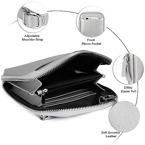 befen Genuine Leather Crossbody Cell Phone Purse for Women, Small Zip Around RFID Blocking Crossbody Wallet Bags - color: Silver-grey