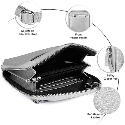 befen Genuine Leather Crossbody Cell Phone Purse for Women, Small Zip Around RFID Blocking Crossbody Wallet Bags - color: Silver-grey