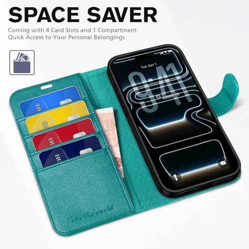 TUCCH Wallet Case for iPhone 17 Pro (6.3") 2025, 4 Card Slots, Cyan | RFID Blocking, Viewing Stand, Shockproof TPU Shell, PU Leather, Magnetic Closure, Protective Folio Flip Cover - color: Textured Cyan
