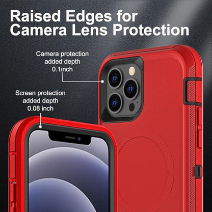 YKHJKLEC for iPhone 12/12 Pro Case, Compatible with Magsafe, Military Grade 3 in 1 Heavy Duty Shockproof/Drop Proof/Dust Proof with 2Pcs Tempered Glass Screen Protector (New-Red/Black) - color: New-Red/Black