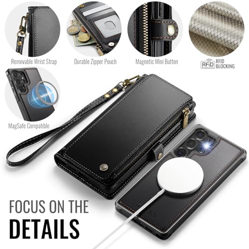 Defencase for Galaxy S23 Ultra Case Wallet Compatible with Magsafe, Black | Magnetic Detachable, RFID Bolcking Card Holder, Zipper Strap, PU Leather Drop-Proof Phone Cover for Samsung Galaxy S23 Ultra - color: (Detachable with Magsafe)-Black