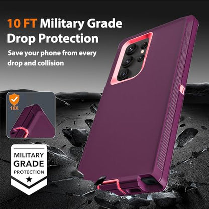 for Samsung Galaxy S22 Ultra Case with 2Pcs Self Healing Flexible TPU Screen Protector & Camera Lens Protector, 3 in 1 Heavy Duty Shockproof/Drop Proof/Dust Proof Case (Wine Red/Rose Pink) - color: Wine Red/Rose Pink