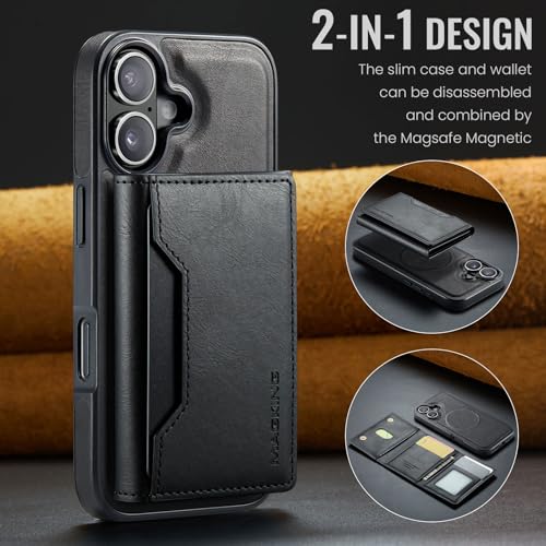 K2 2 in 1 Detachable Magnetic Phone Cases Compatible with iPhone 17 Case with Card Holder RFID Blocking, Compatible with Magsafe Wallet, Leather 6.3'' (Black, iPhone 17) - color: Black, size: iPhone 17