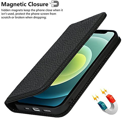 iCoverCase Compatible with iPhone 13 Wallet Case with Credit Card Holder and Wrist Strap, RFID Blocking Genuine Leather Flip Magnetic Phone Cover 6.1 Inch (All Black) - color: 1-All Black (No Headphone Storage Belt), size: iPhone 13