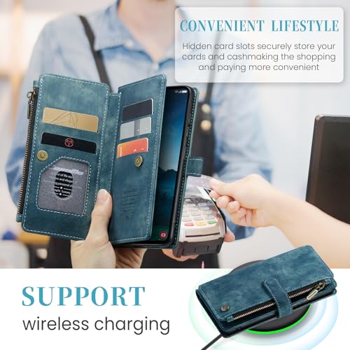 Samsung Galaxy S24 5G Wallet Case with Card Holder Kickstand Magnetic Zipper Pocket Lanyard Strap Wristlet,Leather Flip Case Wallet for Samsung Galaxy S24 5G 6.2 Inch(Blue) - color: Blue, size: S24 5G 6.2 Inch