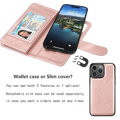 NJJEX iPhone 15 Pro Wallet Case, 9 Card Slots, Rose Gold | PU leather, ID Credit Card Holder, detachable folio flip, magnetic cover, kickstand, lanyard included - color: Rose Gold