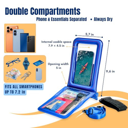 AQUAVAULT Floating Waterproof Phone Pouch, IPX8 Underwater, Large, 2 Pack | Underwater Phone Pouch with Dual Compartment for Phone & Valuables, Armband + Lanyard, Fits iPhone 17/16/15 Pro Max, S26/S25 - color: Blue and Pink