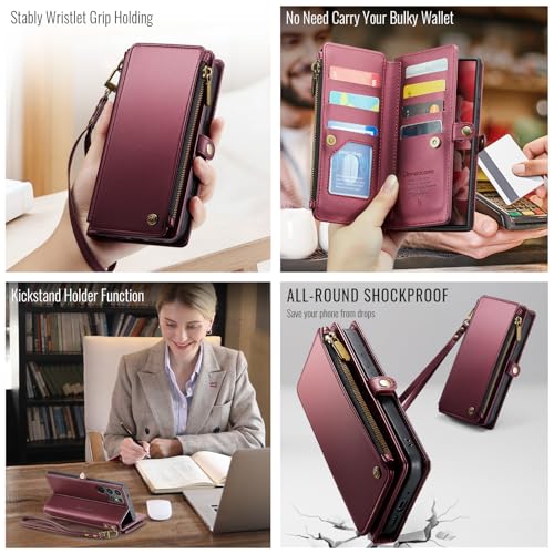Defencase for Samsung Galaxy S25 Ultra Wallet Case with Card Holder, W-Red | with RFID Blocking Zipper Pocket, Durable PU Leather, Wrist Strap, S25 Ultra Flip Phone Cases Cover with Stand for Women Men - color: Wine Red