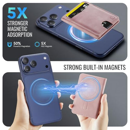 Strapurs Strong Magnetic Wallet Card Holder for MagSafe Phones and Cases, Slim PU Leather Detachable Phone Wallet with 6 Card Slots RFID Blocking for iPhone 17/16/15/14/13/12/Pro/Max/Plus – Pink - color: Pink