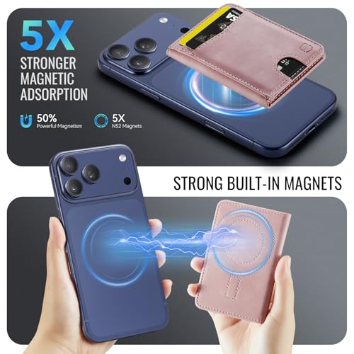 Strapurs Strong Magnetic Wallet Card Holder for MagSafe Phones and Cases, Slim PU Leather Detachable Phone Wallet with 6 Card Slots RFID Blocking for iPhone 17/16/15/14/13/12/Pro/Max/Plus – Pink - color: Pink
