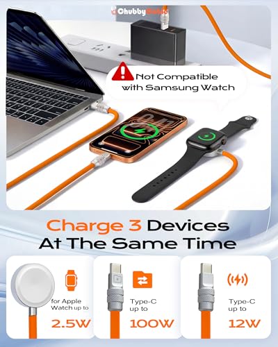 chubbycable 3 in 1 Silicone USB C Cable for Apple Watch, Black, 4.1FT - color: Black