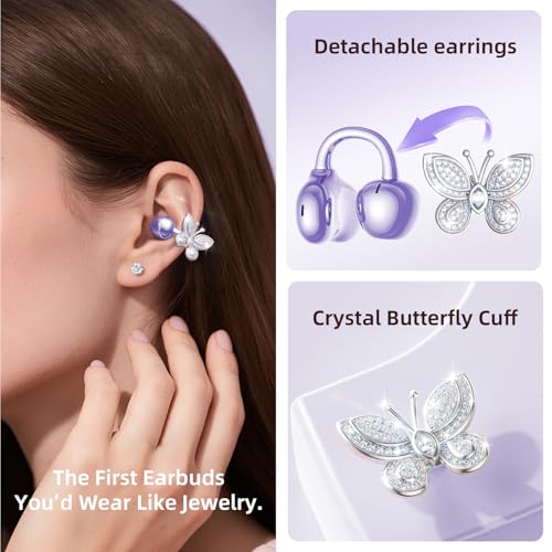 Kinglucky ClipFree Open-Ear Headphones, Butterfly-Inspired Ear-Cuff Design, Stylish & Comfortable Clip-On Ear Buds, Wireless Earbuds for Women, Long Battery Life, Great for Gifting - Purple - color: Purple