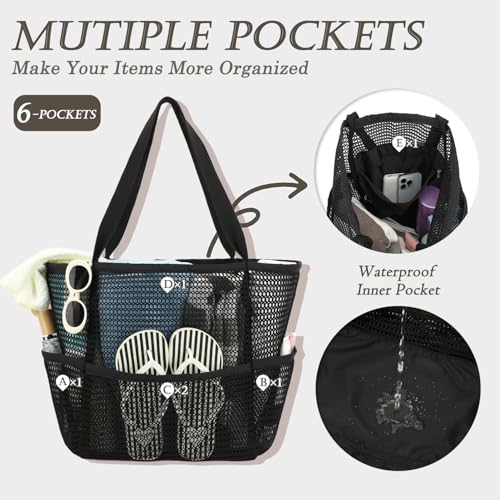 GYEUKHAM Mesh Beach Bag for Women, Sand-Resistant Pool Tote, 9 Pockets (1 Inner Zip), Foldable Family Travel Essentials - color: 6 Pockets-black