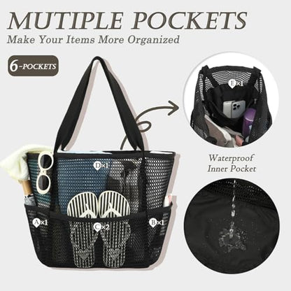 GYEUKHAM Mesh Beach Bag for Women, Sand-Resistant Pool Tote, 9 Pockets (1 Inner Zip), Foldable Family Travel Essentials - color: 6 Pockets-black