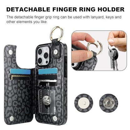 HAOPINSH for iPhone 16 Pro Max Wallet Case with Card Holder, Black Leopard Cheetah Print Back Flip Folio PU Leather Kickstand Card Slots Case, Finger Grip Ring Double Magnetic Clasp Shockproof 6.9" - color: Blue Florals Grip Ring