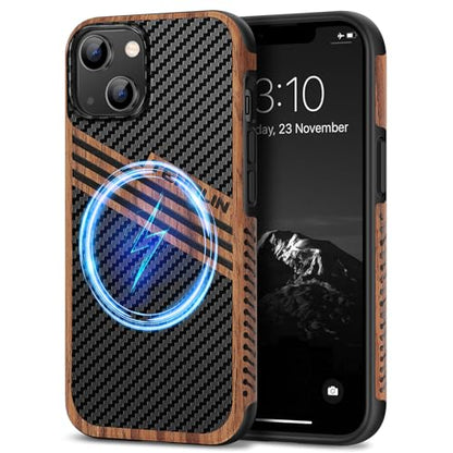 TENDLIN Magnetic Case Compatible with iPhone 14 Case Wood Grain with Carbon Fiber Texture Design Leather Hybrid Slim Cover (Compatible with MagSafe) Three Stripe - color: Magnetic Three Stripe, size: iPhone 14