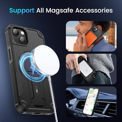 Caka for iPhone 13 Case & iPhone 14 Case with Stand Black | Compatible with MagSafe, Built-in Hidden Kickstand, Solid Protective Dual-layer TPU+PC Shockproof Magnetic Phone Cover - color: Black