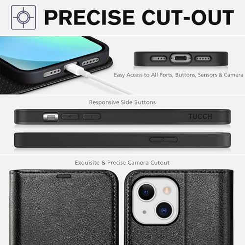TUCCH Wallet Case for iPhone 13 (6.1") 2021, Flip Stand, Textured Black | RFID Blocking, 3 Card Holders, Kickstand, PU Leather, Shockproof TPU Shell, Magnetic Closure, Protective Folio Cover - color: Black - Textured