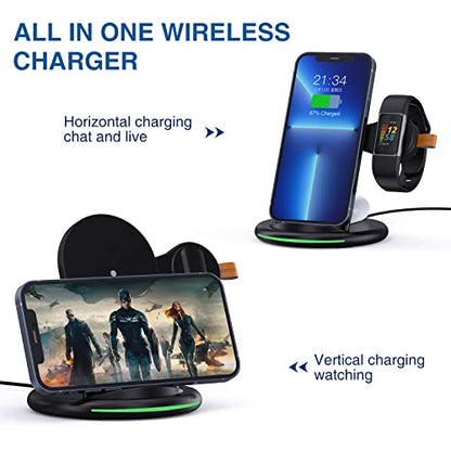 3 in 1 Wireless Charger for Fitbit Charge 6/5/Fitbit Luxe,Wireless Charging Station Compatible for iPhone 14/12 Pro Max/13/11/8, for Samsung Galaxy S22+ S22, for AirPods Pro/3 (Black)