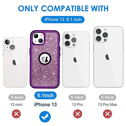 Hython Case for iPhone 13 Case Glitter, Cute Sparkly Shiny Bling Sparkle Cover, Heavy Duty 3 in 1 Hybrid Hard PC Soft TPU Bumper Full Body Shockproof Protective Phone Cases for Women Girls, Purple - color: Purple