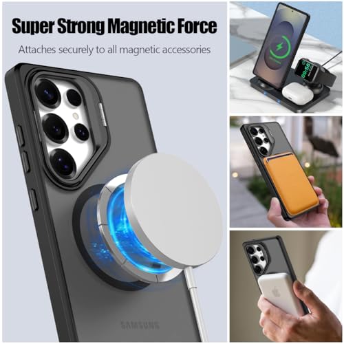 Nvollnoe for Samsung S25 Ultra Case Compatible with MagSafe Military Grade Shockproof Heavy Duty Protective Adjustable Kickstand Matte Semi Clear Phone Cover for Samsung S25 Ultra(Black) - color: Black