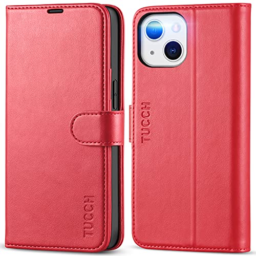 TUCCH Wallet Case for iPhone 13 (6.1") 2021, 3 Card Slots, Red | RFID Blocking, Viewing Stand, Shockproof TPU Shell, PU Leather, Magnetic Closure, Protective Folio Flip Cover - color: Red