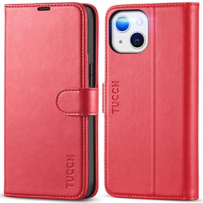 TUCCH Wallet Case for iPhone 13 (6.1") 2021, 3 Card Slots, Red | RFID Blocking, Viewing Stand, Shockproof TPU Shell, PU Leather, Magnetic Closure, Protective Folio Flip Cover - color: Red