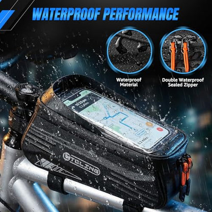 WOTOW Bike Phone Bag, Waterproof Bicycle Top Tube Phone Holder Hard Shell | Bike Front Frame Bag with TPU Touch Screen for Cell Phones Up to 7", 1.9L Bike Handlebar Bag for Ebike Accessories Storage