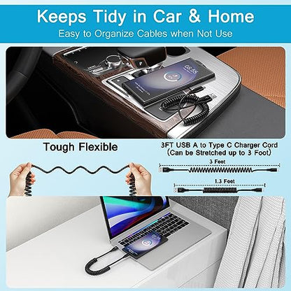 Samsung S24 Ultra FE Coiled USB C to USB A Cable Fast Charging for Galaxy S26 Ultra/S24+/S23/S22/S25,3FT Retractable Android Phone Car Charger Cord for iPhone 17 16 15 Pro Max Plus,Google Pixel 10/9/8