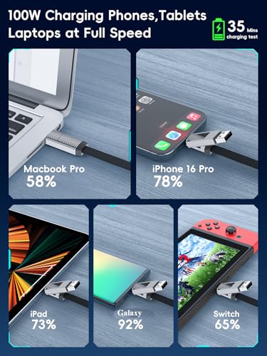 4 in 1 Charging Cable 100W,USB C and Lightning cable 2 in 1 iphone 16 Charger cord 10 FT Fast Charging USB C Cable Multi Charging Cable with E-Mark Chip for iPhone 16/15/14/13、12/11/Pad/Android/Tablet