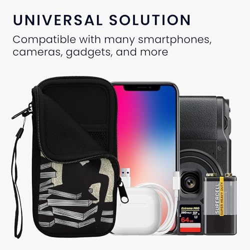 kwmobile Neoprene Sleeve for Smartphone Size XXL - 7" - Shock Absorbing Pouch Case - Protective Phone Bag - Girl and Books Black/Beige - style: Girl and Books 01-11