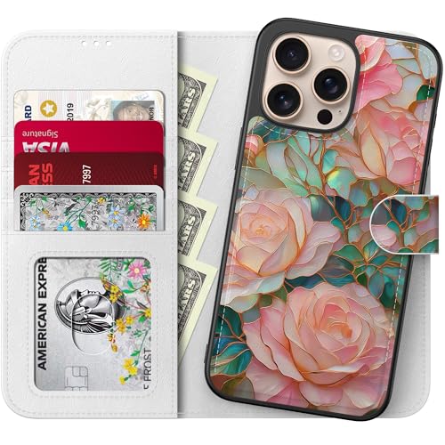 LUHOURI for iPhone 16 Pro Case Wallet - Wireless Charging Compatible | RFID Blocking 4 Card Slots Holder - Detachable Flip Folio Leather Cover - Protective Phone Case for Women Men - color: Blooming Pink Rose, size: iPhone 16 Pro