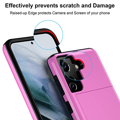 Jiunai for Samsung Galaxy S21 Case Wallet Credit Card IDs Cash Holder Pink | Slide Cover Dual Layer Hybrid Protective Hard PC Soft TPU Rubber Cover Phone Case for Samsung Galaxy S21 5G 6.2'' Women Men - color: Pink