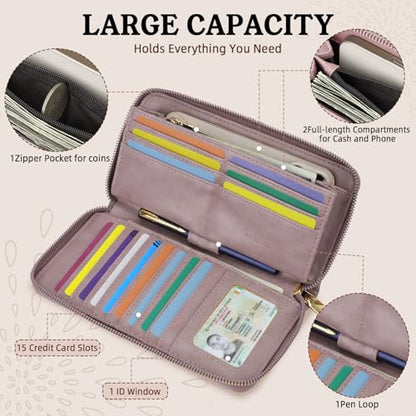 APHISON Wallet Women Large Capacity Clutch Purse For Ladies Card Holder RFID Wristlet Phone Zipper Coin Travel Pocket - color: 08-purple